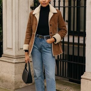 St. John's Bay Tan Genuine washable Suede Shearling Sherpa-Lined Coat Vintage